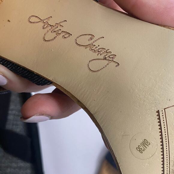 Arturo Chiang Cork Block Heel Navy Blue Denim Canvas Ankle Strap Sandal Sz 8M - Picture 4 of 7